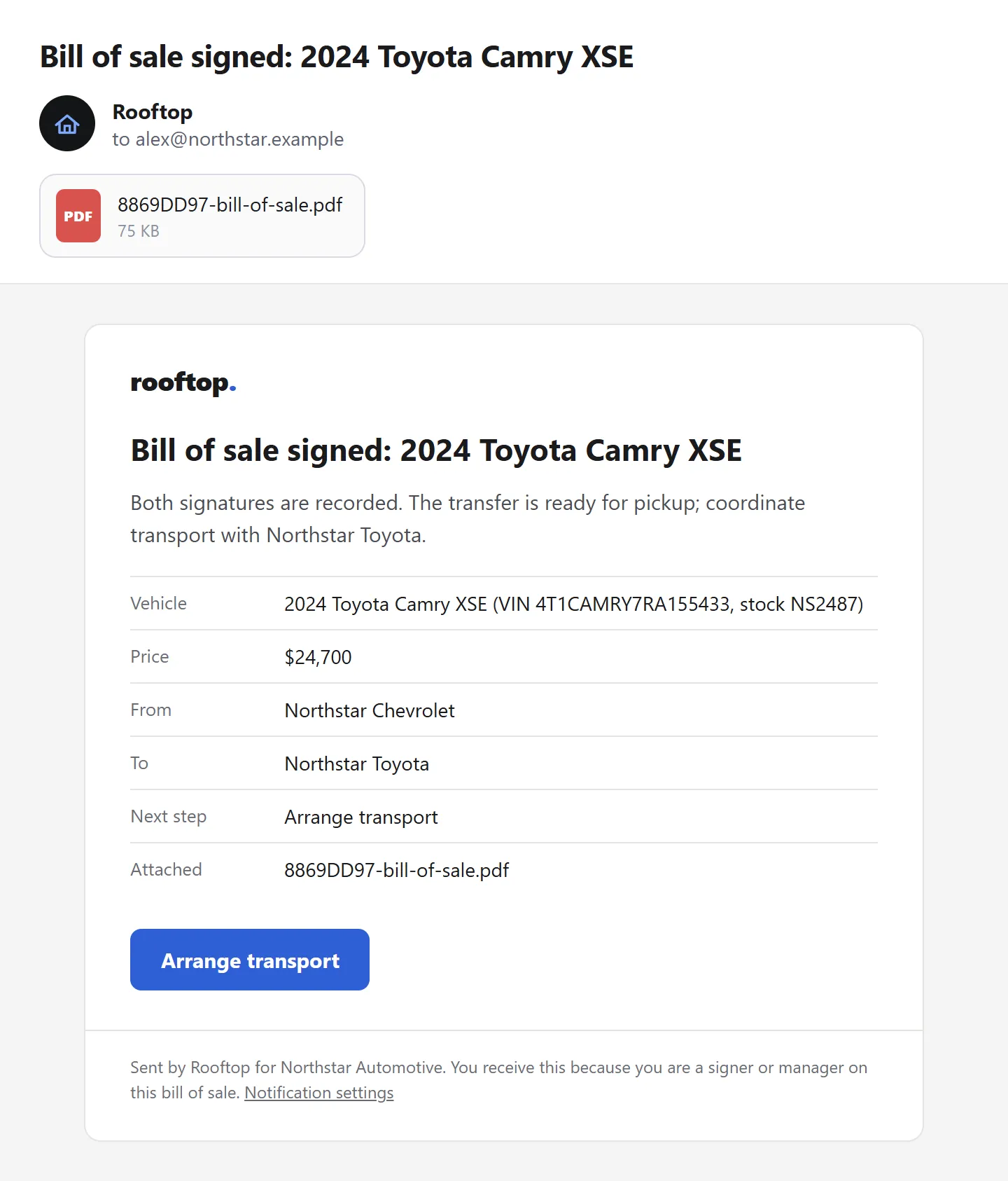 The email both stores receive, with the signed bill of sale attached