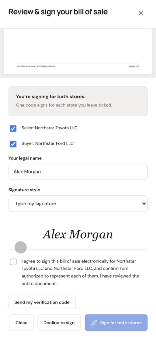 The bill of sale being signed on a phone